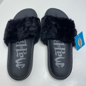 NWT Black Faux Fur Slides Sandals Slippers Summer